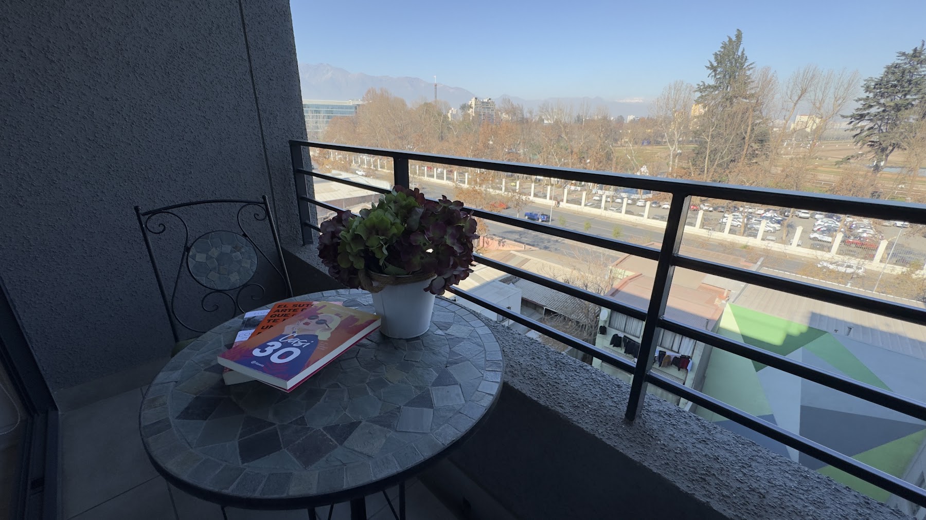 Balcón con mesa y vista